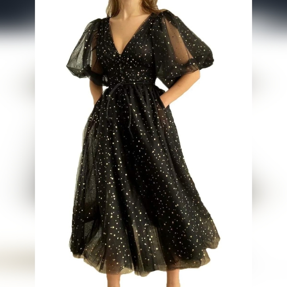 Star and Moon Black Tulle Dress with Pockets